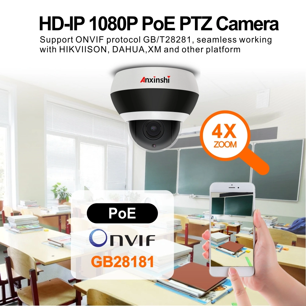 Nova 355 Graus de rotação continua com zoom óptico 5X 4PCS luzes de infravermelhos 20 metros de distância de infravermelho Suporte impermeável IP66 Ligar Poe de 2 MP Câmara PTZ infravermelho de rede