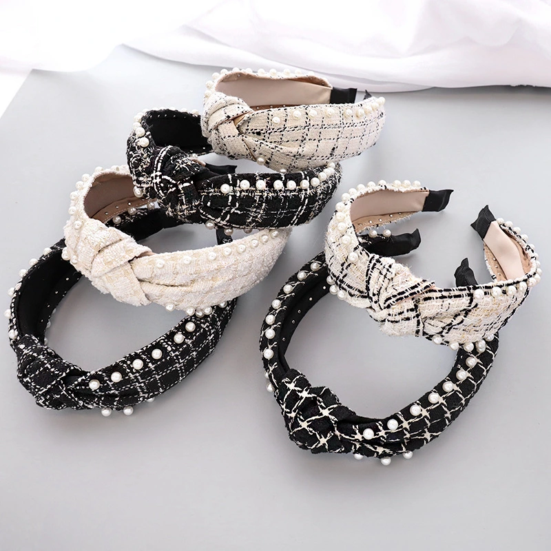 Nail Pearl New Hair Band Classic Ethnic Plaid Fabric Headdress Hair Card Korean Version of The Female Headband