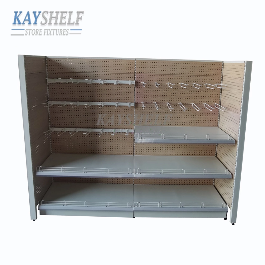 Superior Quality Retail Store Wooden Grain Perforated Panel Display Rack Grocery Shelf for Supermarket