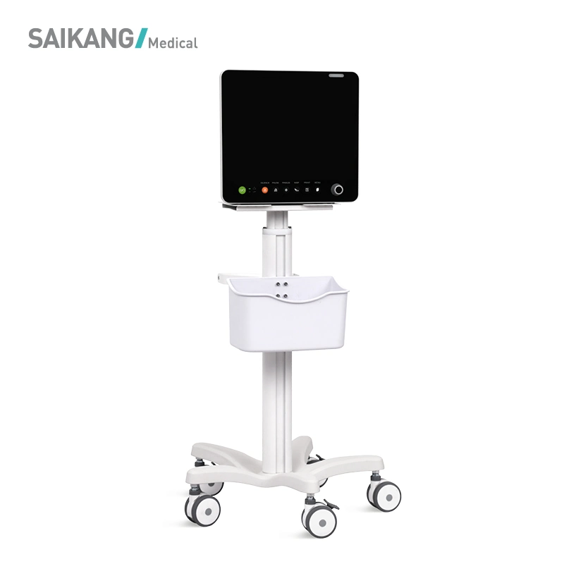 Skr-R06 Saikang Mobile Aluminum Hospital Monitor Trolley Height Adjustable Medical Record Computer Cart with Basket