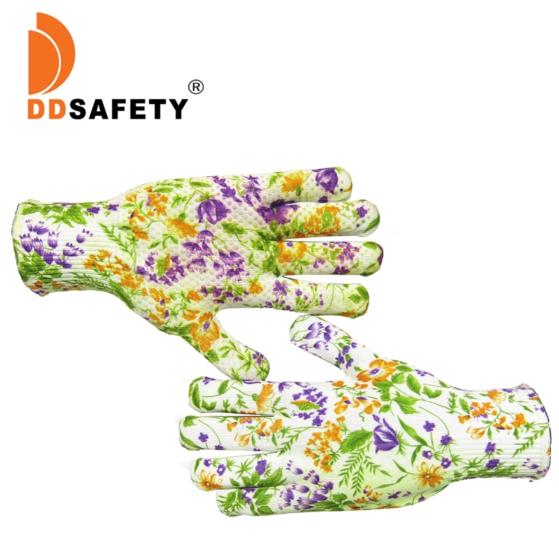 Women's Flower Floral Pattern Print Nylon with PVC Dots Work and Gardening Gloves Luvas Guantes