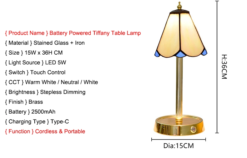 TFT-L02 wiederaufladbare Tiffany Nachttischlampe mit Batteriebetrieb aus Buntglas Touch Kontrolle