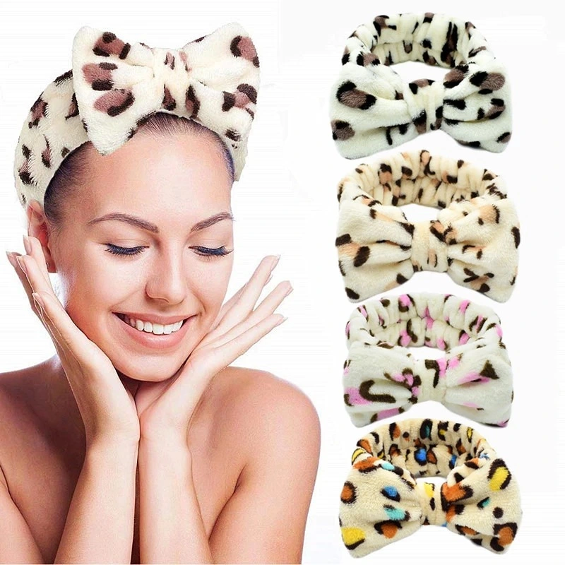 Leopard Print Bow Headband Flannel Corset Headband Face Makeup Headscarf Hairband