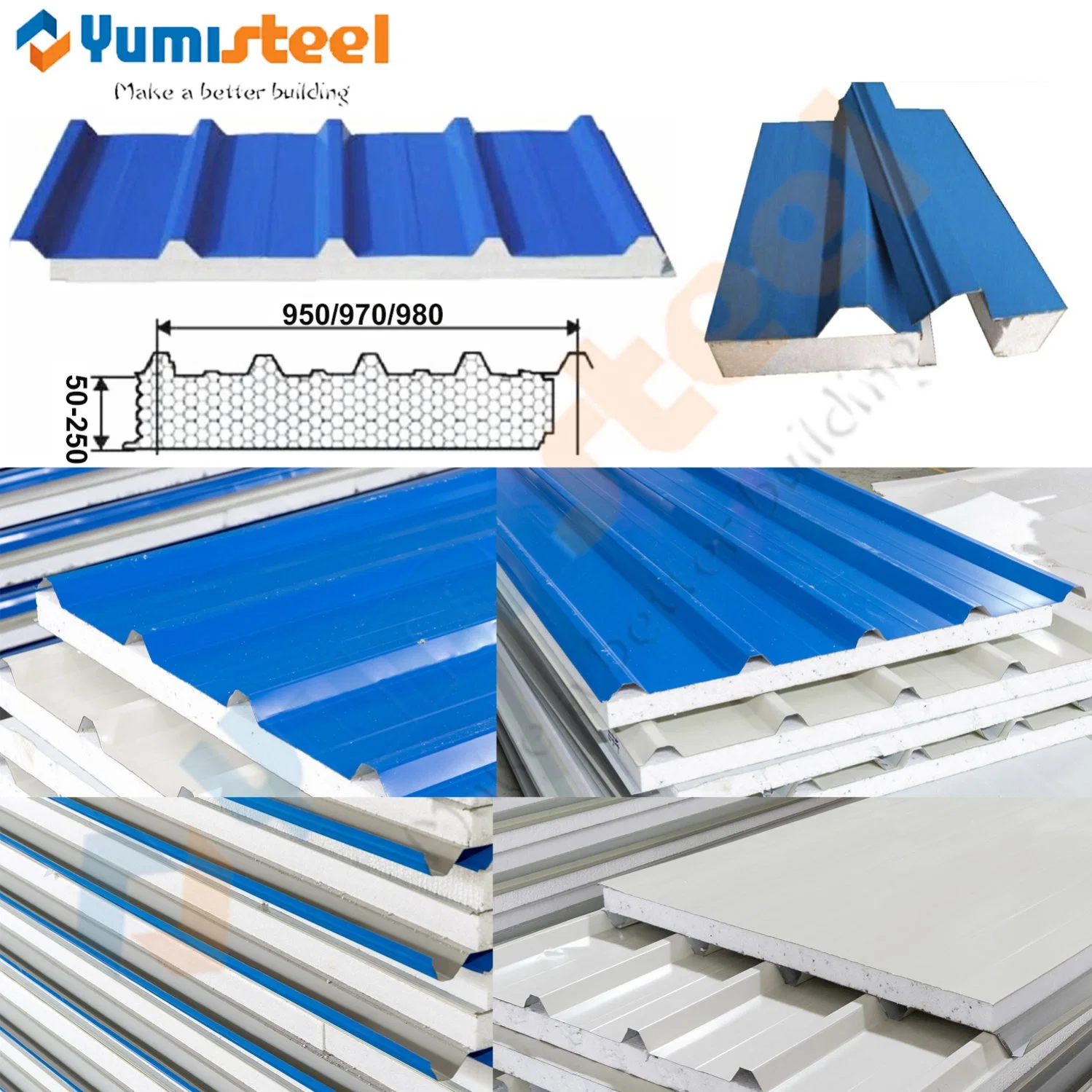 Fireproof Rockwool/EPS Insulated Steel Roof/Wall Sandwich Panels for Steel Buildings