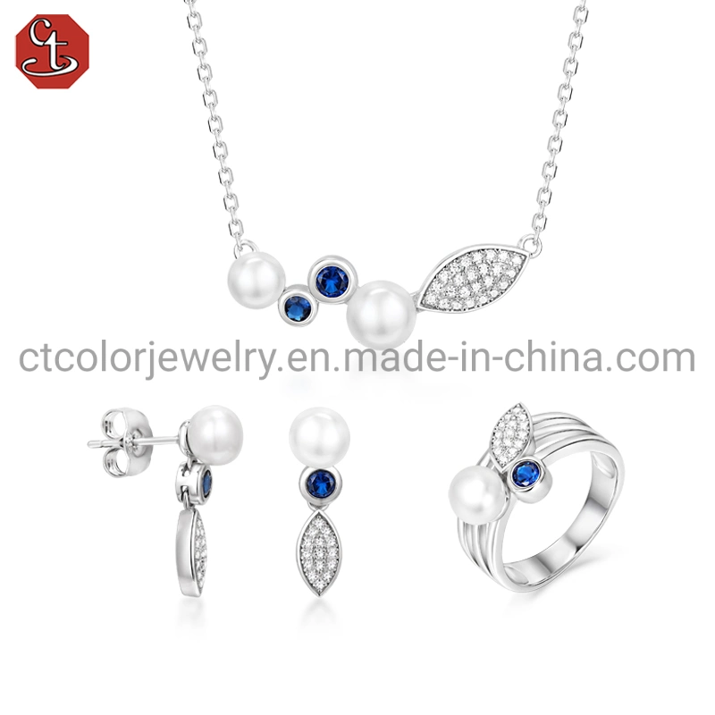 925 sterling silver Shell  Pearl Blue sapphire Jewelry Set for women