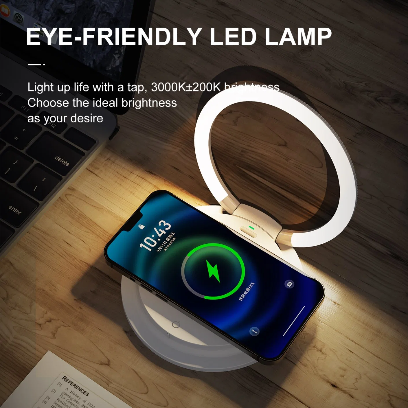 15W Chargeur rapide de lampe de bureau à LED Smart Chargeur de téléphone mobile sans fil avec Lumière de Nuit