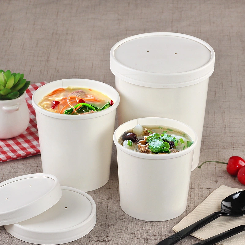 Custom White Round Disposable Paper Ice Cream Cup with Lid and Hot Drinking Spoon Soup Bowl Cups