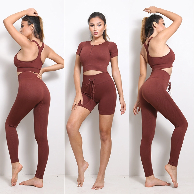 Hot Fashion Zip up Workout Outfits Cute Ribbed Sporty Clothes for Ladies, 2/3/4/5 PCS Gym Top + Drawstring Activewear Free Sample Plus Size Seamless Yoga Set