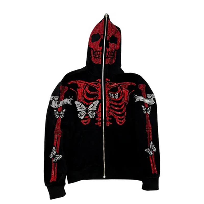 Custom Logo Printing Embroidery Full Face Zip Hoodie Rhinestone Skeleton Street Wear Sports Gym Heavy Weight Casual Workout Oversized Hoodies for Men