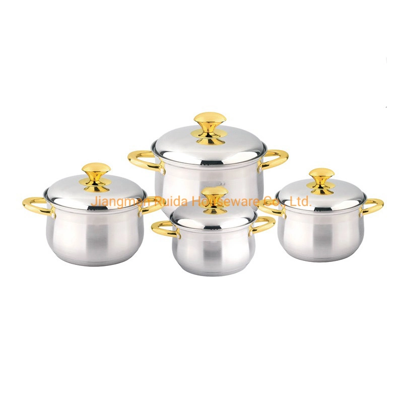 Cookware of 8PCS Stainless Steel in New Design with Big Belly Shape Gold Plated Handle and Knob with High Quality Satin Polishing