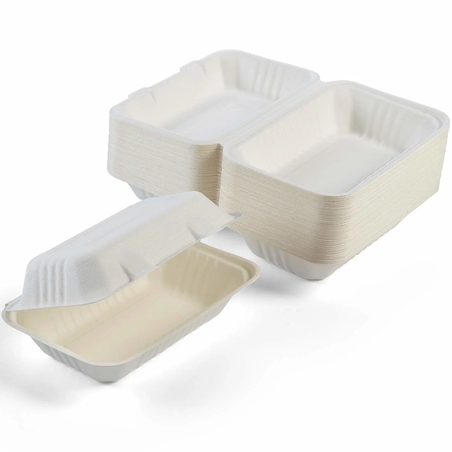 Bagasse Pulp Hinge Lunch Box -[9*6, Pfas Free]- Biodegradable Compostable Disposable Waterproof and Oil Proof, Heavy Duty