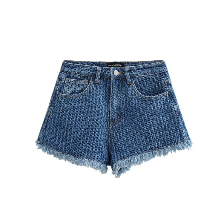 Venta al por mayor de estilo retro con flecos de Slim Fit azul y negro de Mujeres de Color denim shorts