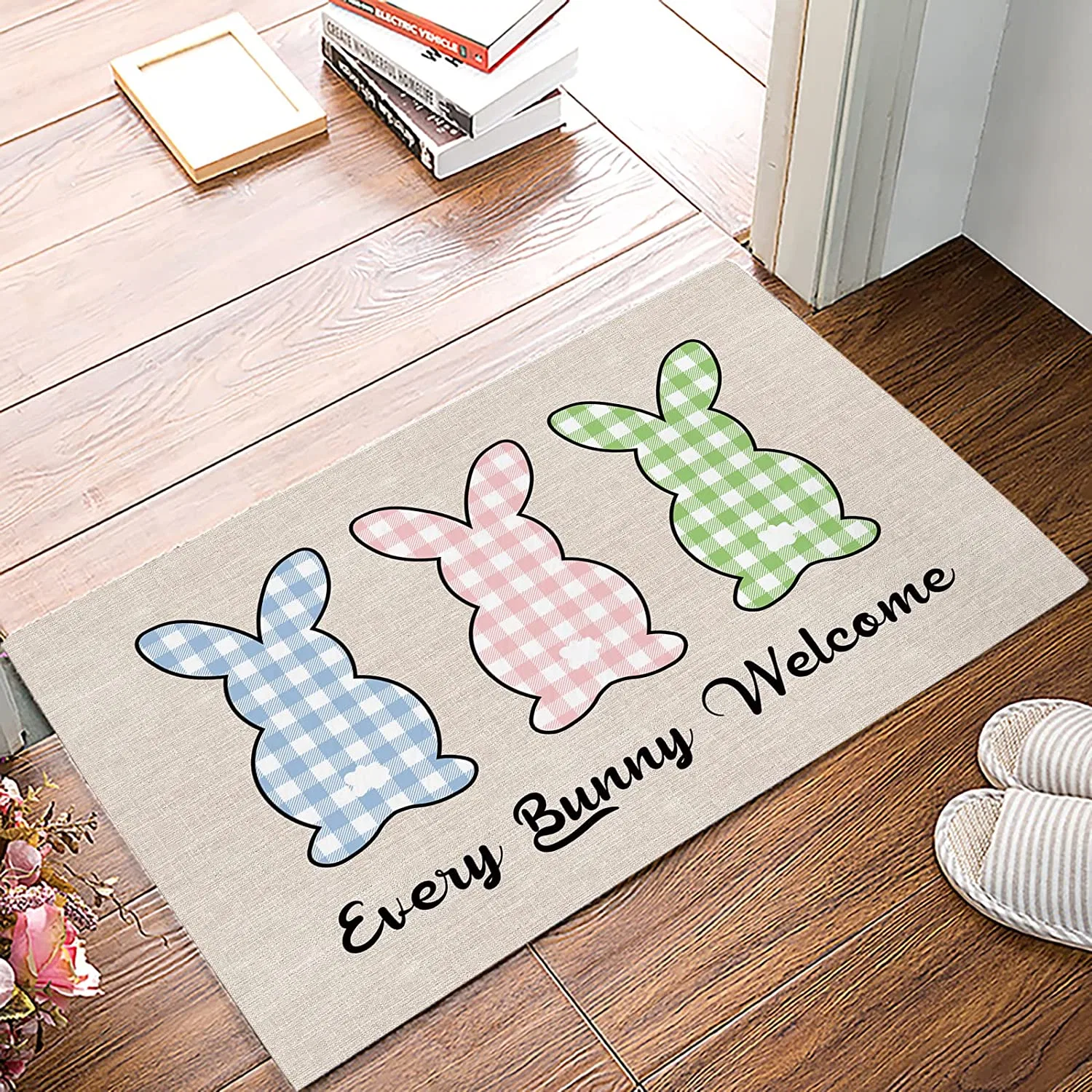 Plaid Rabbit Entrance Door Mat Happy Easter Bunny Low Profile Tradition Decor Welcome Mat Non-Slip Carpet Rugs Floor Mat