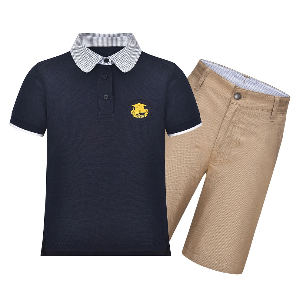 Comercio al por mayor Logotipo personalizado de la escuela jardín de infantes y la Escuela Primaria camisetas polo uniforme azul oscuro con precios baratos para niños y niñas