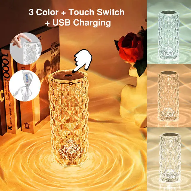 Touch Control Rose Crystal Lamp Rechargeable RGB Color Changing Crystal Table Lamp