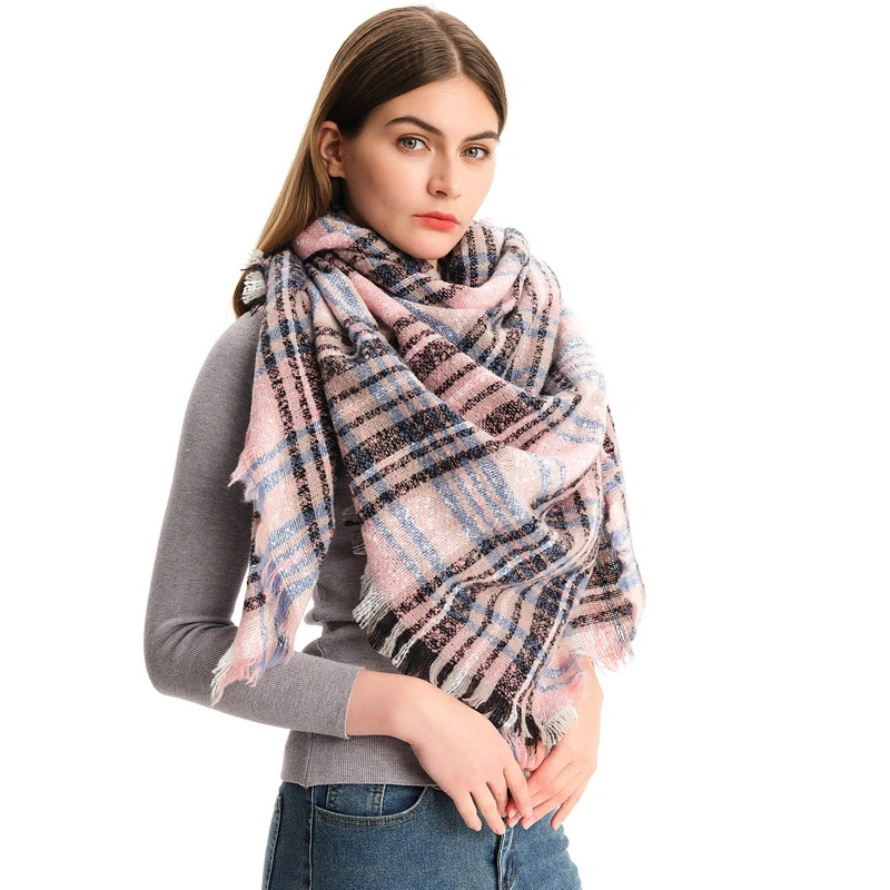 Custome Oversized Checked Tartan Square Scarf with Tassel for Ladies