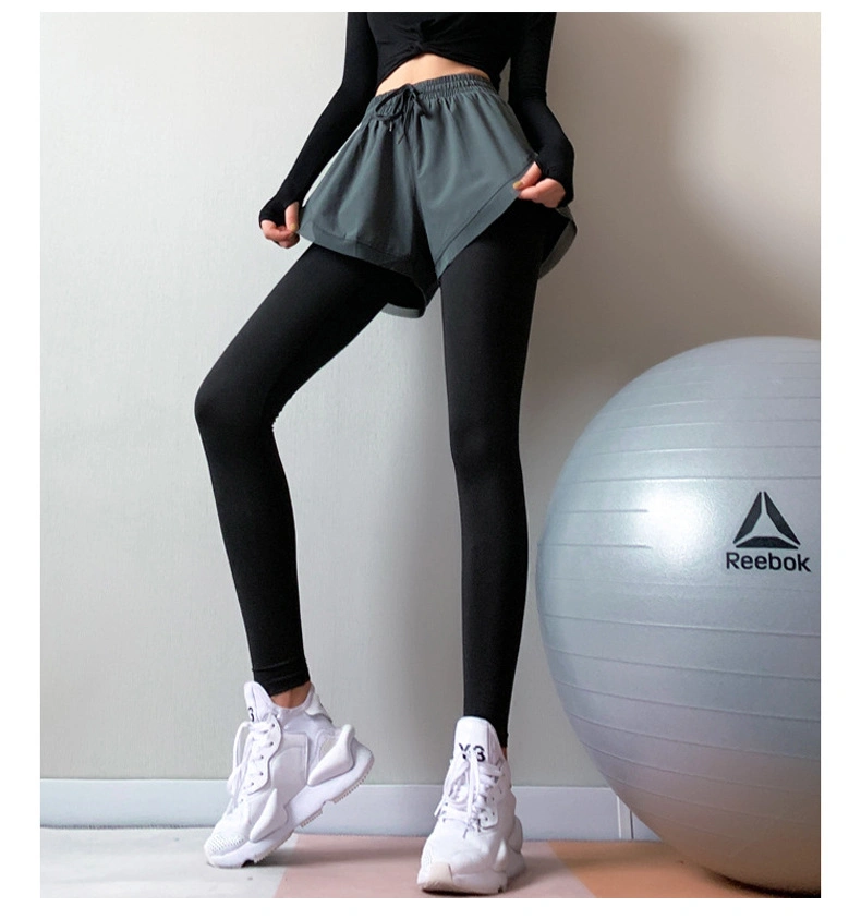 New Yoga Pants Sports Fake Two Pieces of Anti-Glare Leg Length Running Tight Trousers Elastic Fitness Clothes for Women