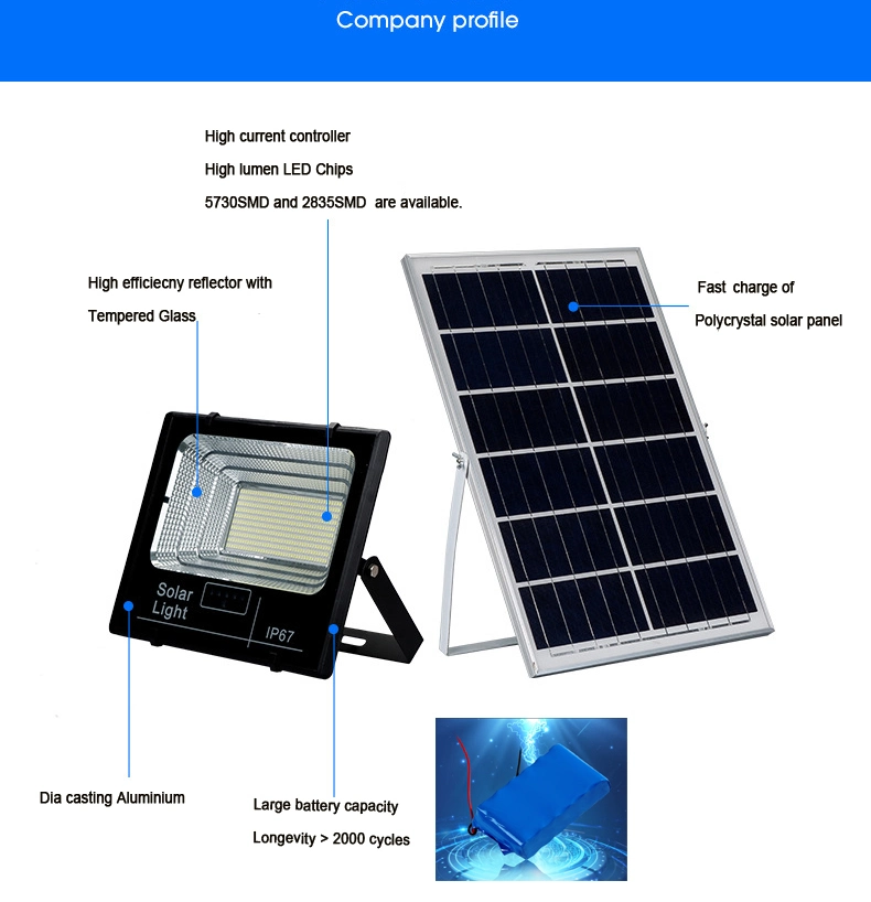 Prix de gros d'économie d'énergie Rue étanche IP65 Lampes extérieures 50W 100W 200W 300W Projecteur solaire étanche Lumière LED Projecteur