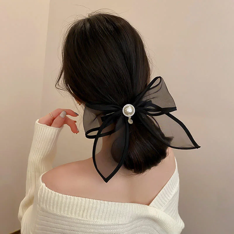 Fashion Black Fabric Hair Accessories Diamond-Studded Pearl Bow Hairpin