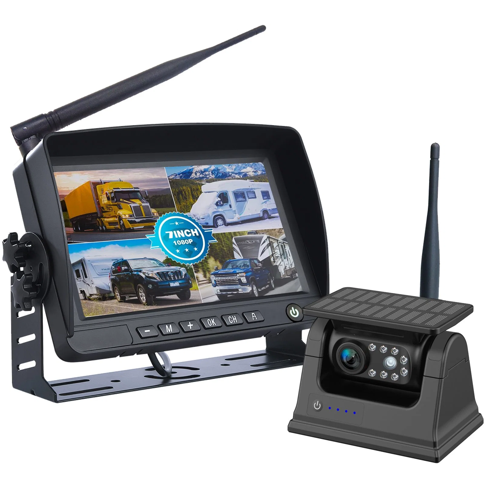 7'' Digital Wireless DVR Monitor HD Backup Reversor Solar Recargar Cámara