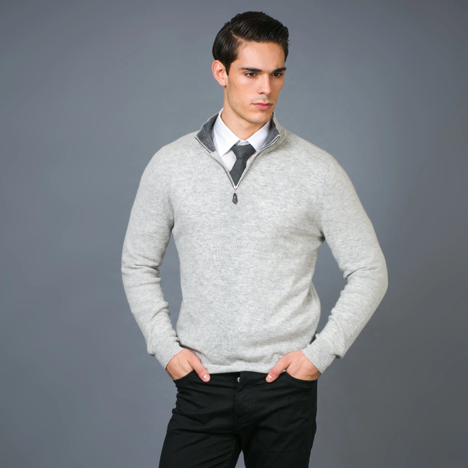 Herren-Pullover aus Wolle mit hohem Ausschnitt und Reißverschluss aus Kaschmir mit Viertel-Reißverschluss aus Leder