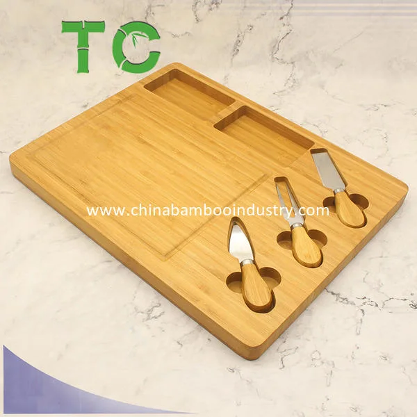 Wholesale/Supplier Large Organic Bamboo Cutting Board with 2 Built-in Compartments and 3 Stainless Steel Tools