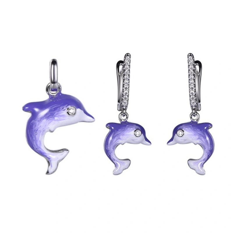 Girl&prime; S 925 Silver Enamel Dolphin Pendant Earring Jewelry Set