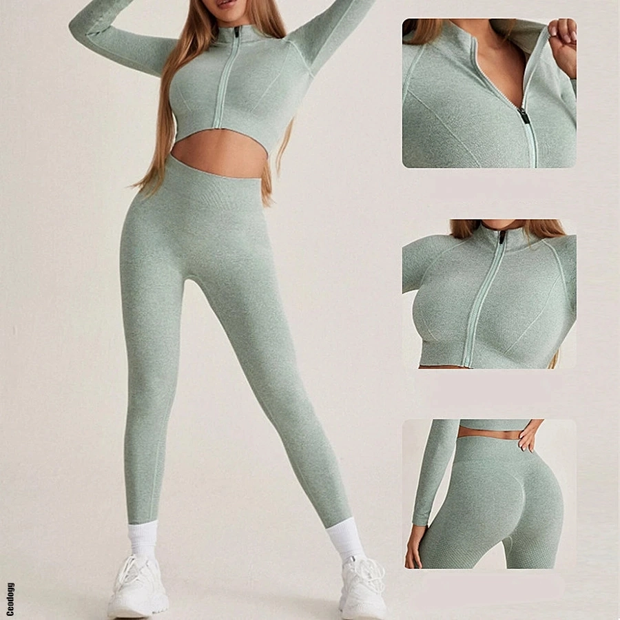 Frauen Nahtloses Yoga Set Winter Thicken Reißverschluss Sport Langarm Crop Tops Gym Scrunch Leggings Trainingsbekleidung