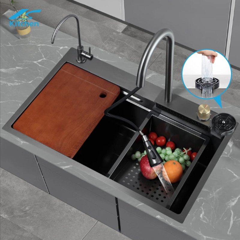 Double Bowl Waterfall Stainless Steel Handmade Kitchen Sink with Faucet