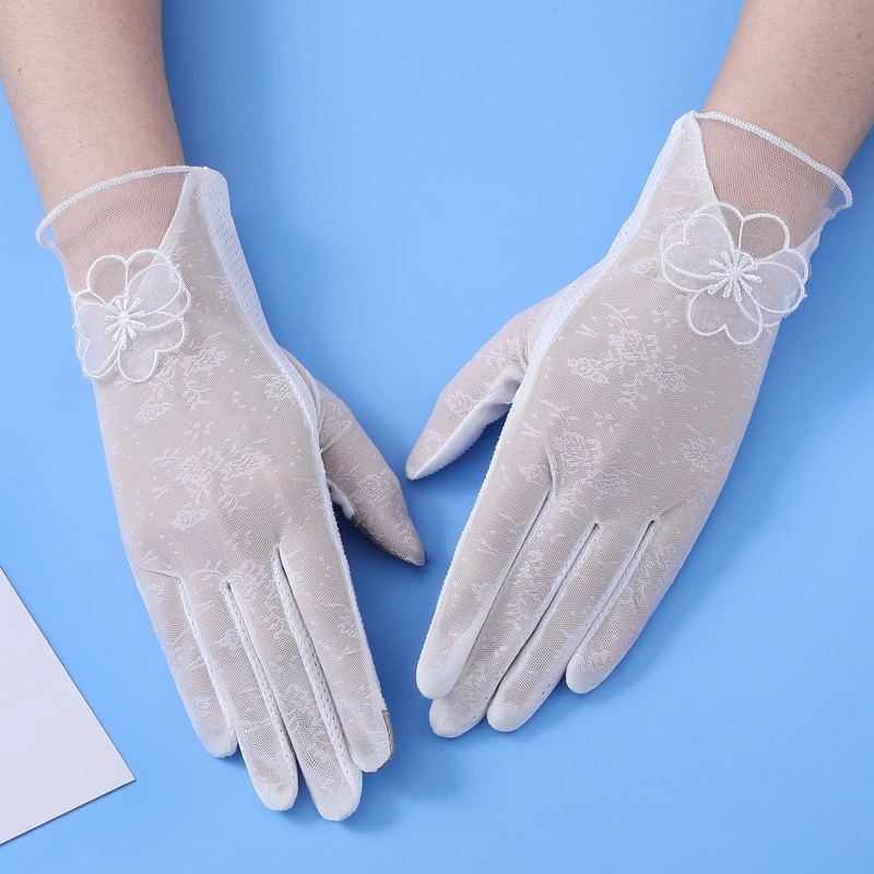 Women's Thin Sunscreen Driving Touch-Screen Ice-Silk Non-Slip Pure White Lace Ceremonial Gloves