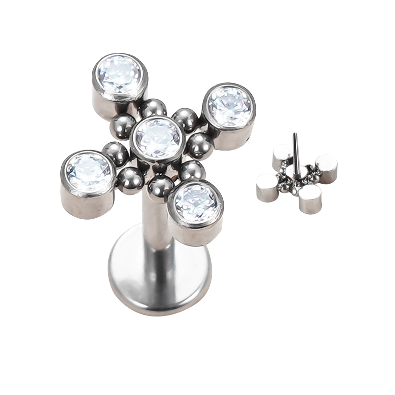 Fashion Piercing Jewelry Titanium Push in Ball Clusters with 5 Bezel Set CZ Surrounding Threadless Top Labret