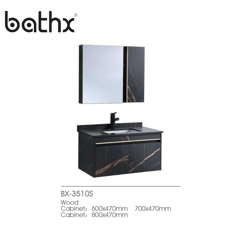 Venta caliente baño Hotel Vanity armario de espejo madera telas impermeables cuarto de baño con lavabo roca