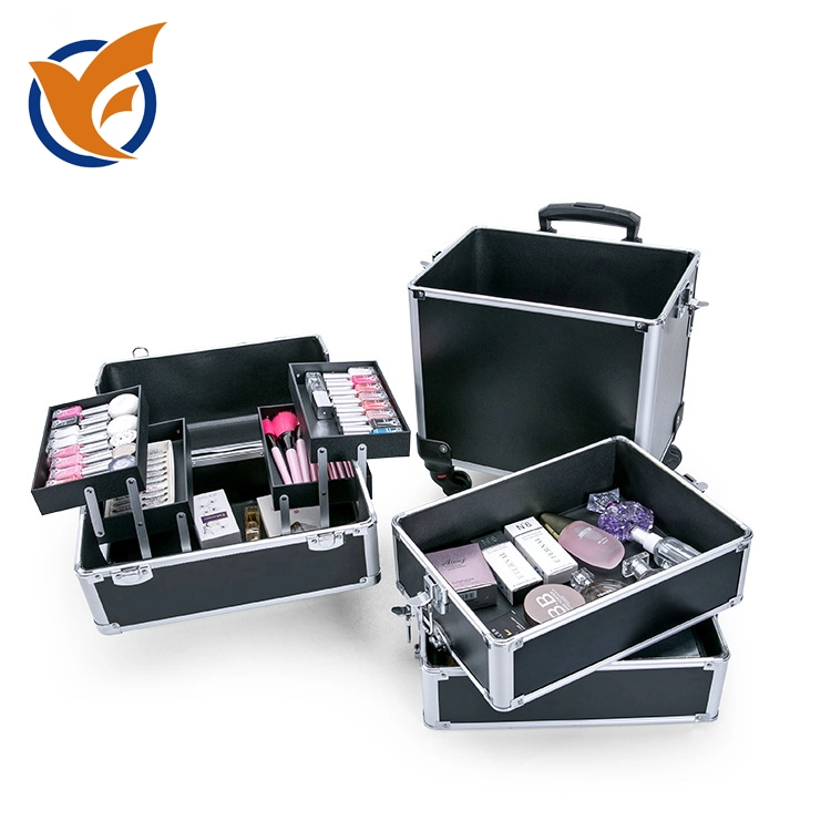 Professional Aluminum Cosmetic Box with Wheels Trolley Cosmetic Case