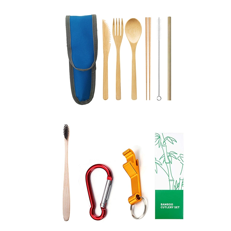 Eco Friendly Bamboo Fork Knife Spoon Straw Biodegradable Travel Utensil Set Pouch Bamboo Cutlery Set