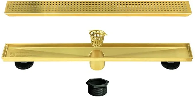 36-Inch Brushed Brass Linear Shower Drain with Removable Quadrato Pattern Grate, 304 Stainless Steel Gold