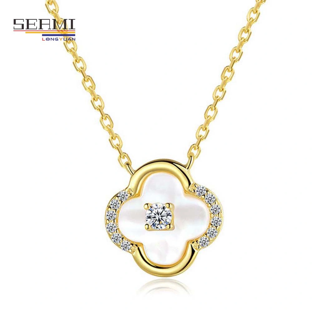 Four Leaf Clover Gold Shell Necklace with Zircon Silver 925