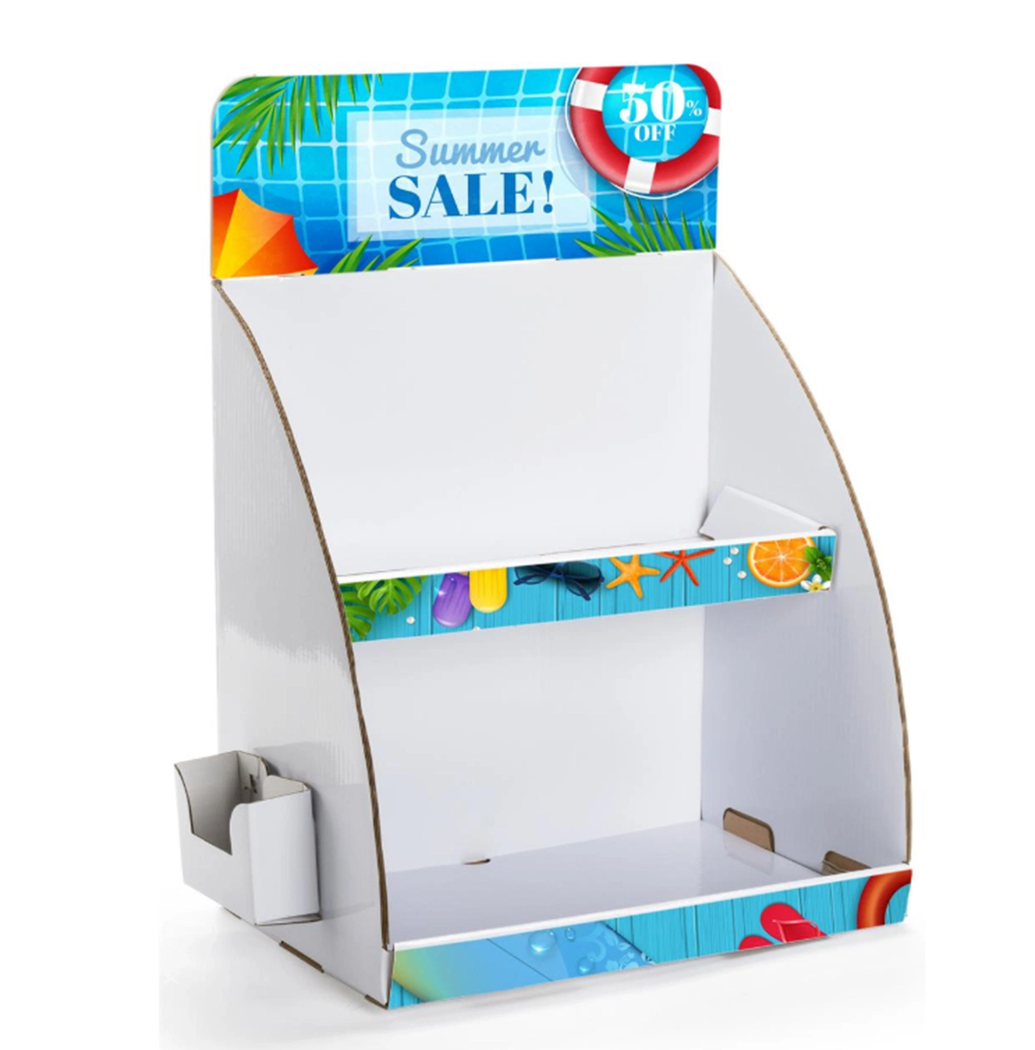Contador de prateleira de papelão ondulado dois níveis exibir caixas com suporte para folheto