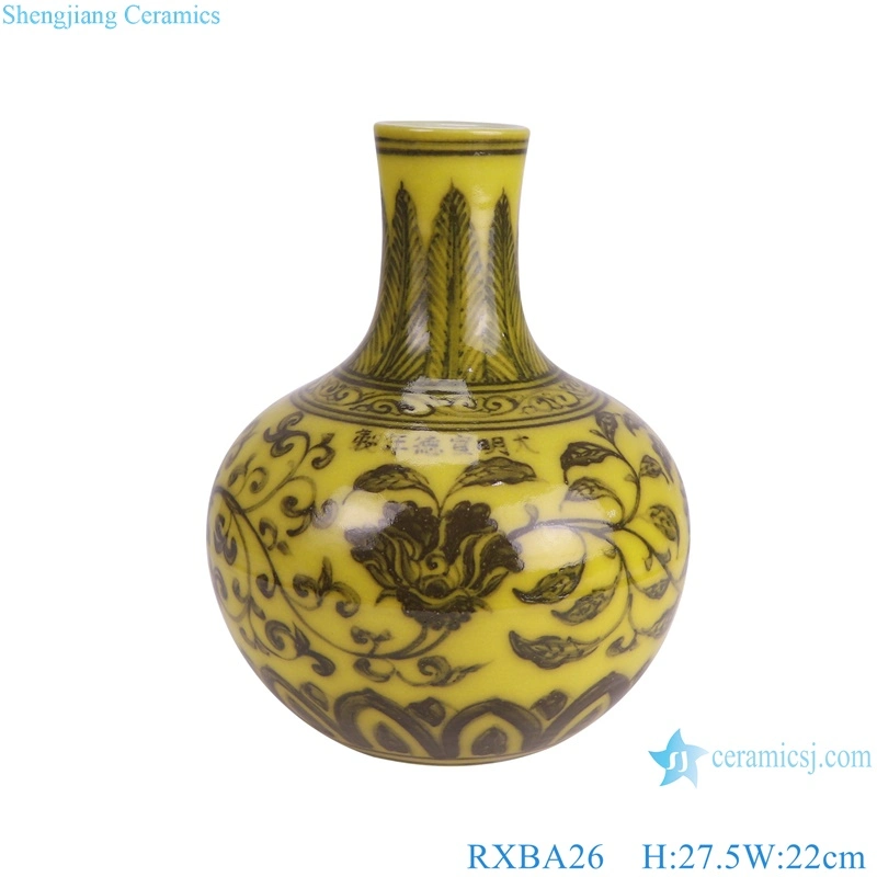 Yellow Color Twisted Flower Chinese Dragon Pattern Ceramic Globular Flower Vase