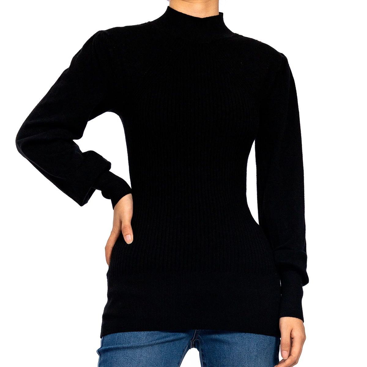 Black Slim Long Sleeve MID Tall Ribbed Fall Sweater for Women