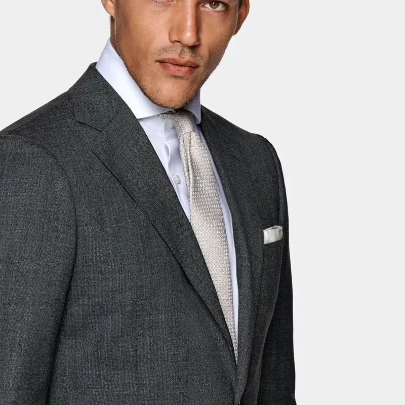 Business Gentleman in Grey Wool Slim Fit Men Two Single Breasted Suits.