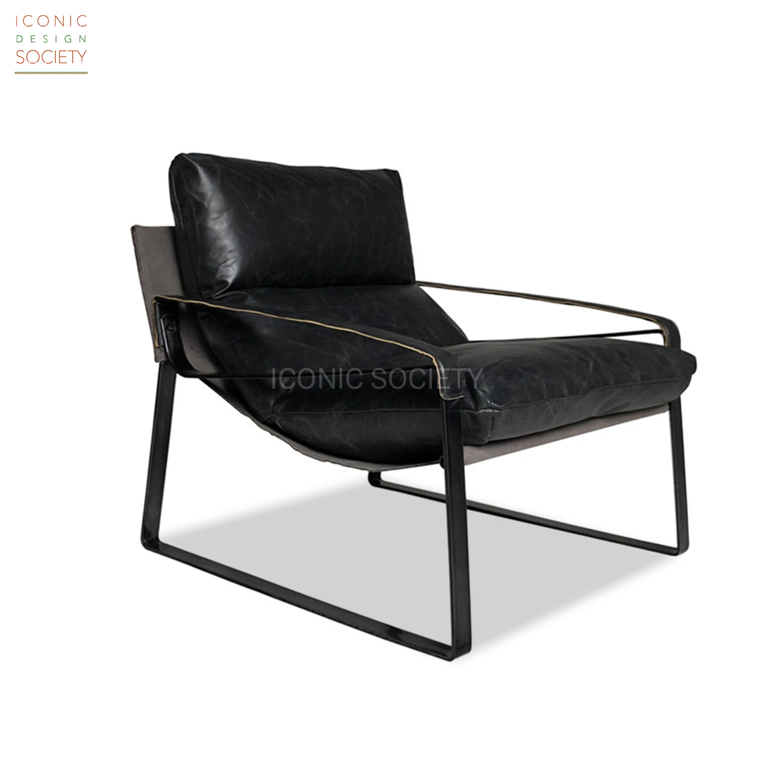 Industrial Metal Frame Meeting Room Hotel Lobby Sitting Living Room Furniture Home Office Genuine Leather Leisure Accent Lounge Chair