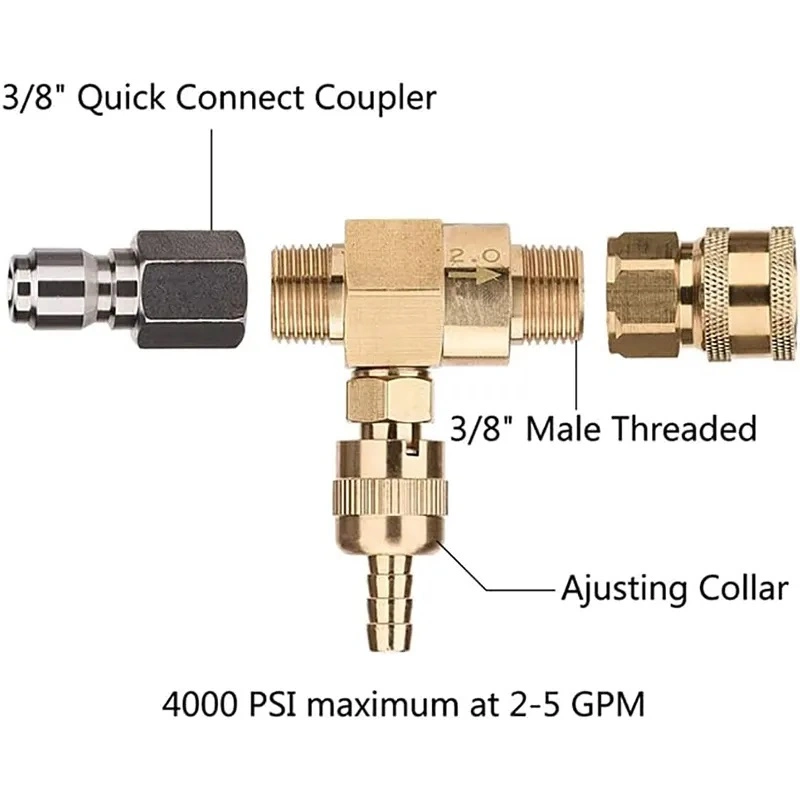 Adjustable Chemical Injector Kit for Pressure Washer Soap Injector 3/8 Inch Quick Connector with 10' Tube Nozzle Brass Stainless