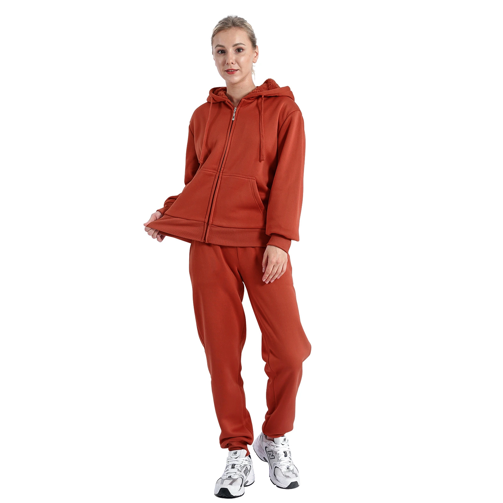 2023 Classic Rust Color Women's Sport Wear Breathable Warm Fabric Solid Sherpa Lined Garment