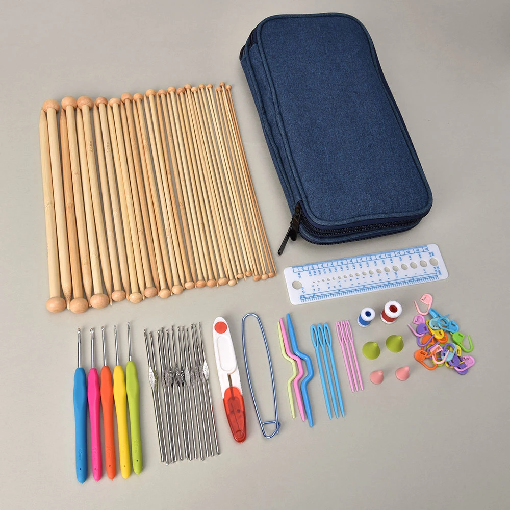 91PCS Single Pointed Bamboo Knitting Needles Knitting and Crochet Hook Set in Case
