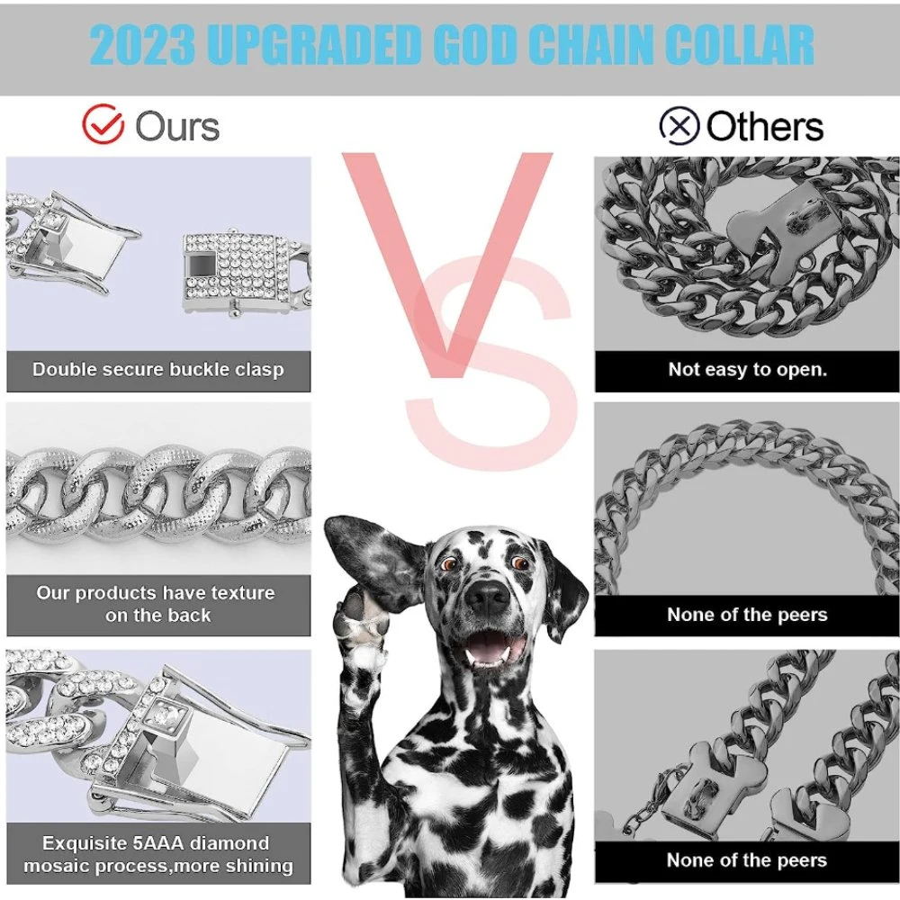 Silver Miami Cuban Link Chain Pet Cuban Crystal Collar Necklace Accessories