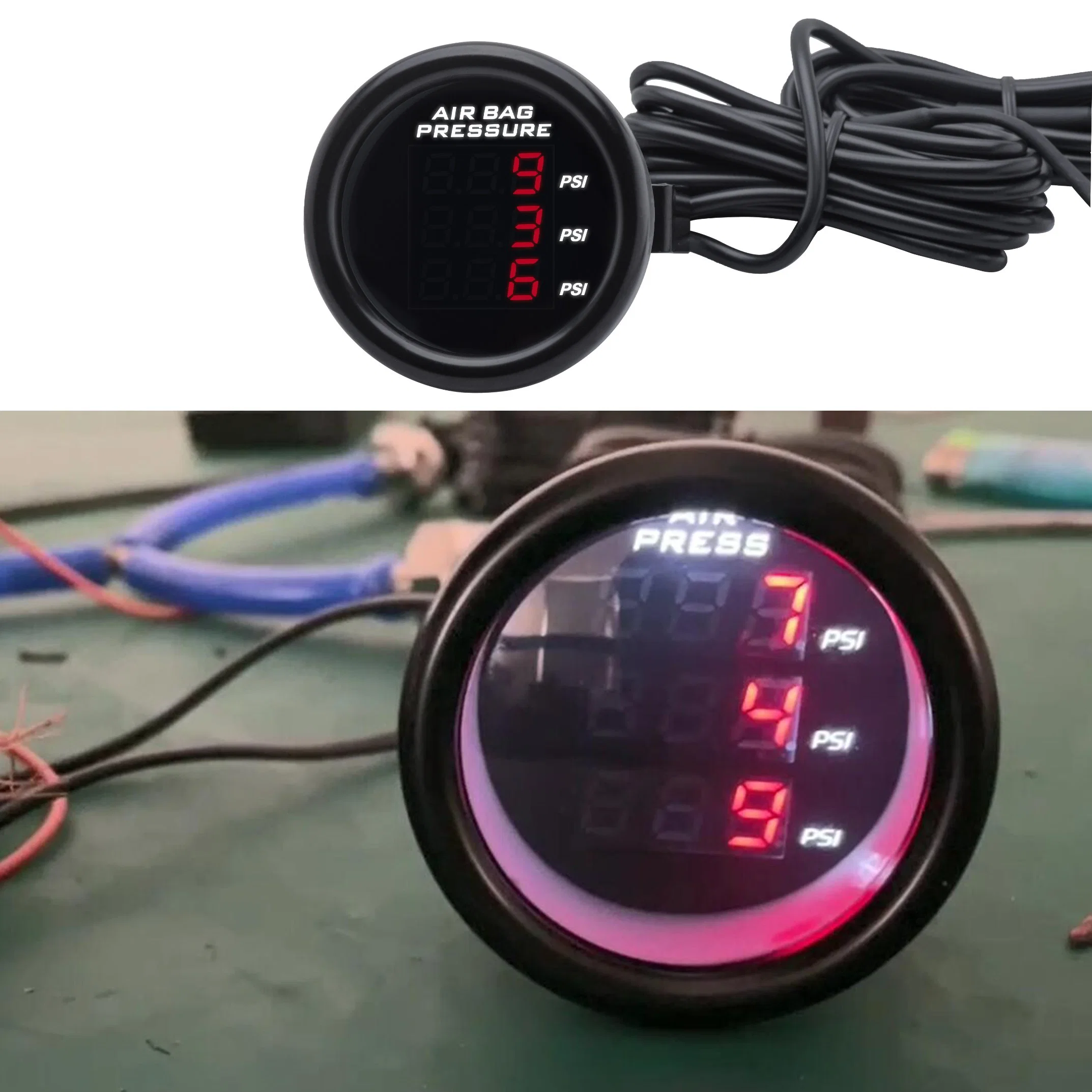 Air Suspension Red&Blue LED 52mm Three Display Air Pressure Gauge Meter