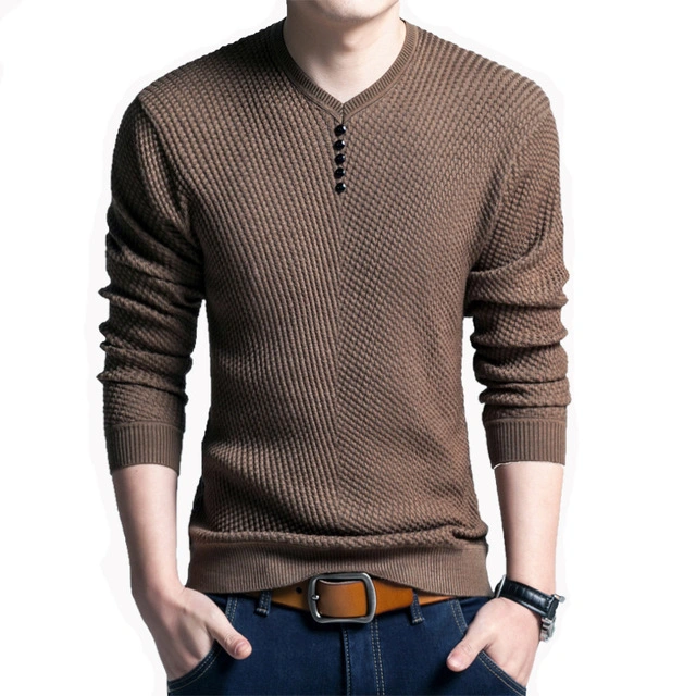 Custom Design Pure Jacquard Autumn Men Long Sleeve Knit Thick V-Neck Plain Color Men Pullover Sweater