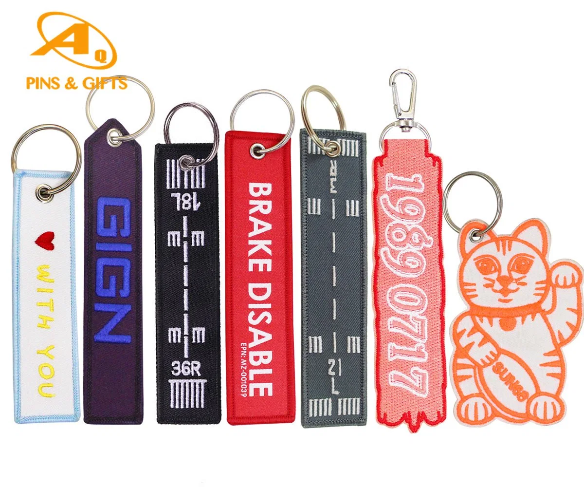 Personalisierte Promotion Gewebte Rbf Logo Polyester Metall Leder Label Key Ring Customized Bestickte Patch-Schlüsselanhänger-Band Stoff Schlüsselhalter Stickerei