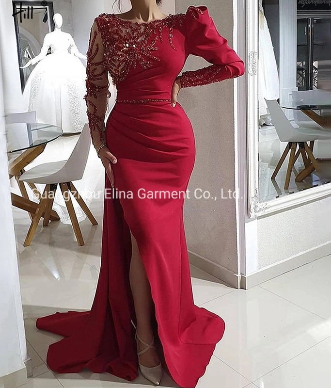 2021 Hot Selling Sex Beading Ball Dress Luxury Red Evening Party Frock Mermaid Bridesmaid Gowns Plus Size