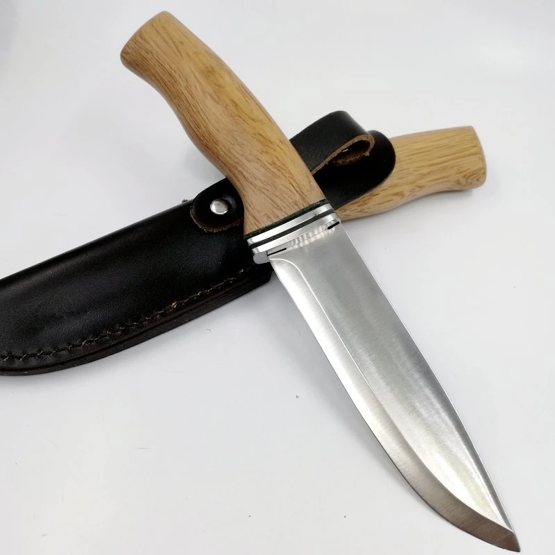 Cuchillo de hoja fija de madera de 9.5 pulgadas para caza, camping y actividades al aire libre con funda de cuero